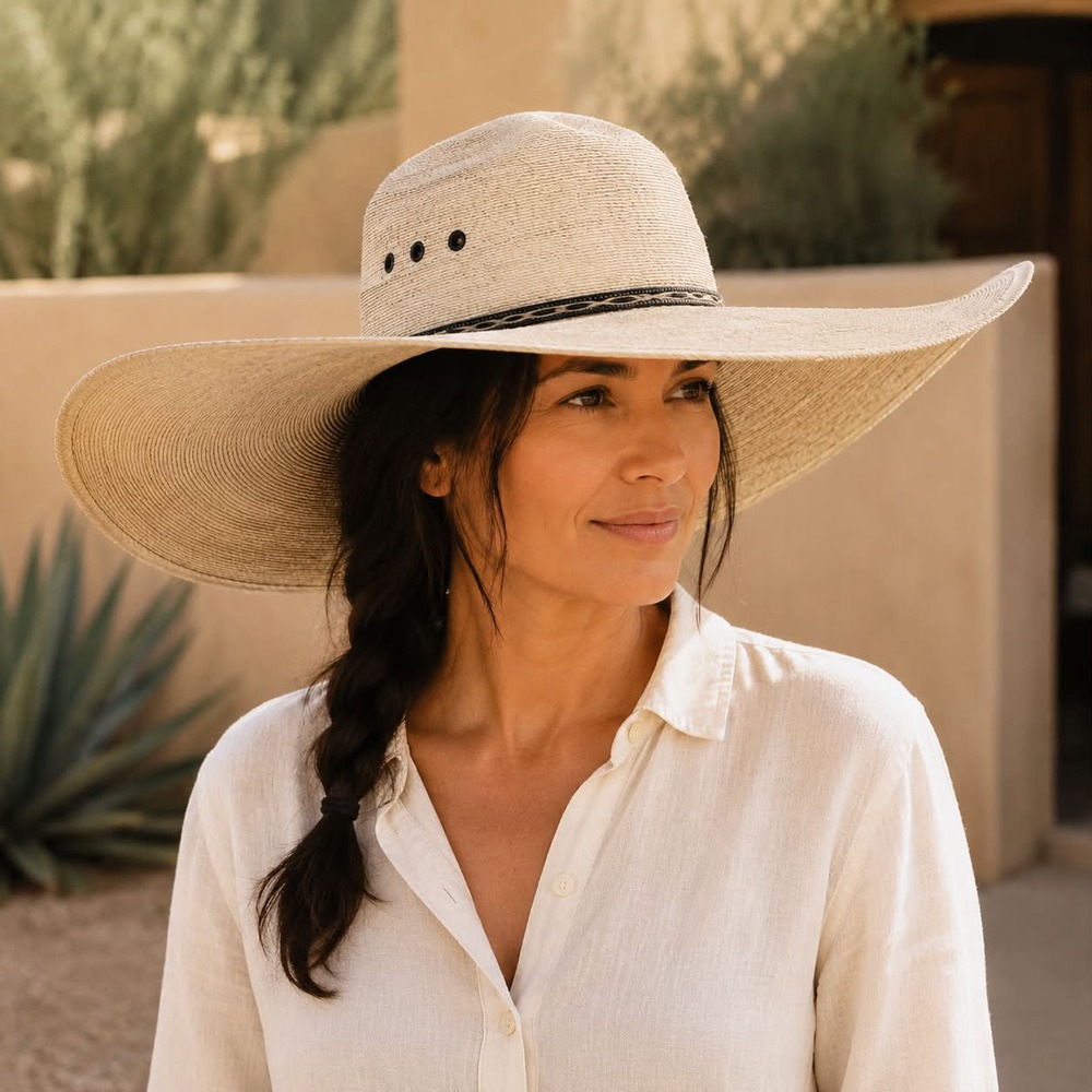 Atwood Wide Brim Palm Leaf Straw Cowboy Hat Made in Mexico Western Sun Hat ~ EUC